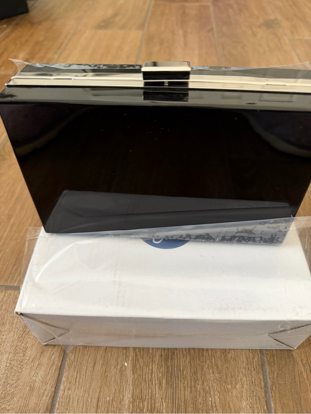 NWOT ASOS Black Acrylic Box Clutch with Silver Trim and chain strap